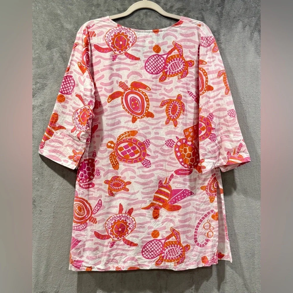 Gretchen Scott Turtle Time Tunic 100% Cotton Womens Size Medium Beach Resortwear